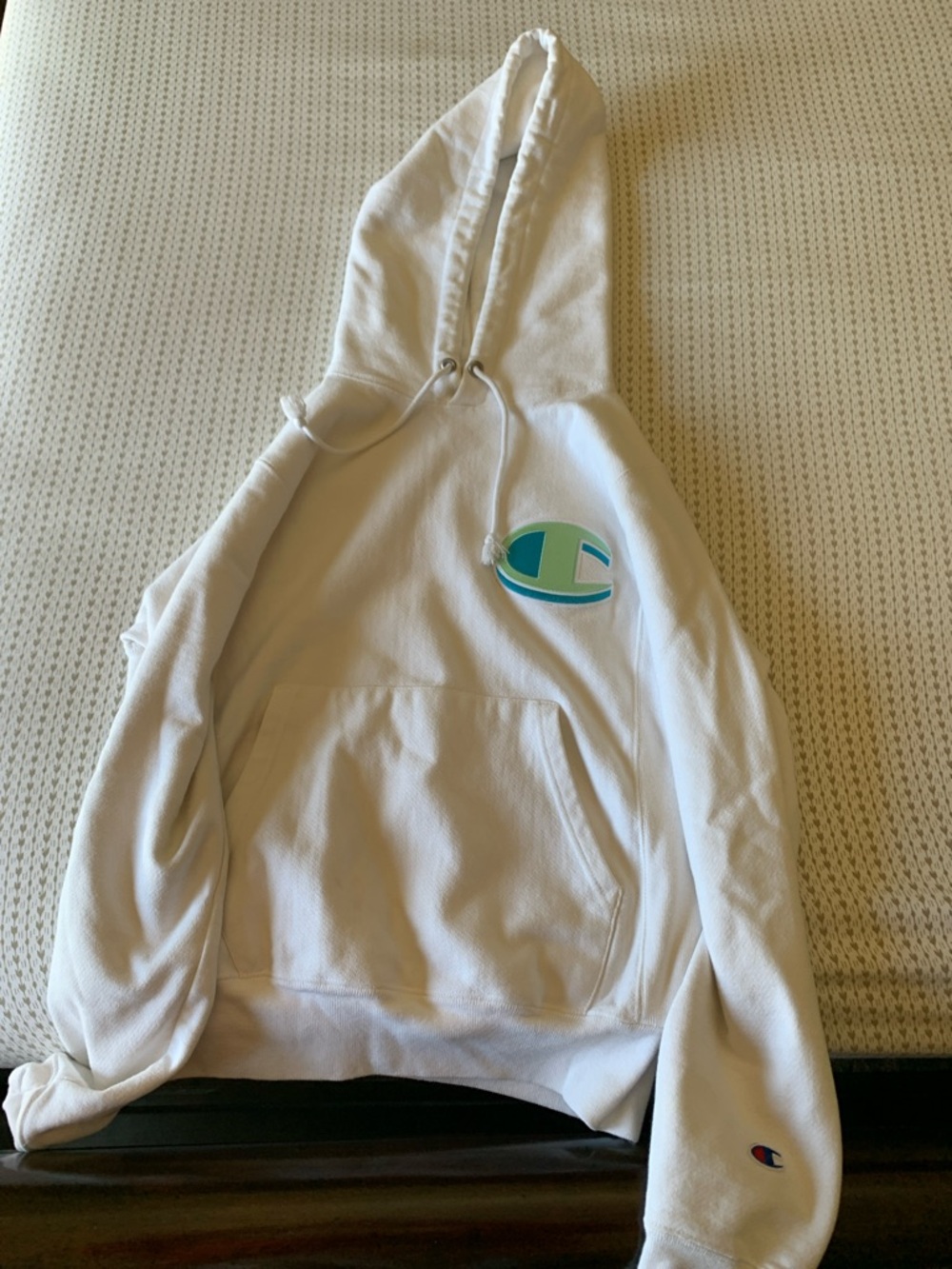 Champion White Hoodie with Mint & Teal Logo Patch
